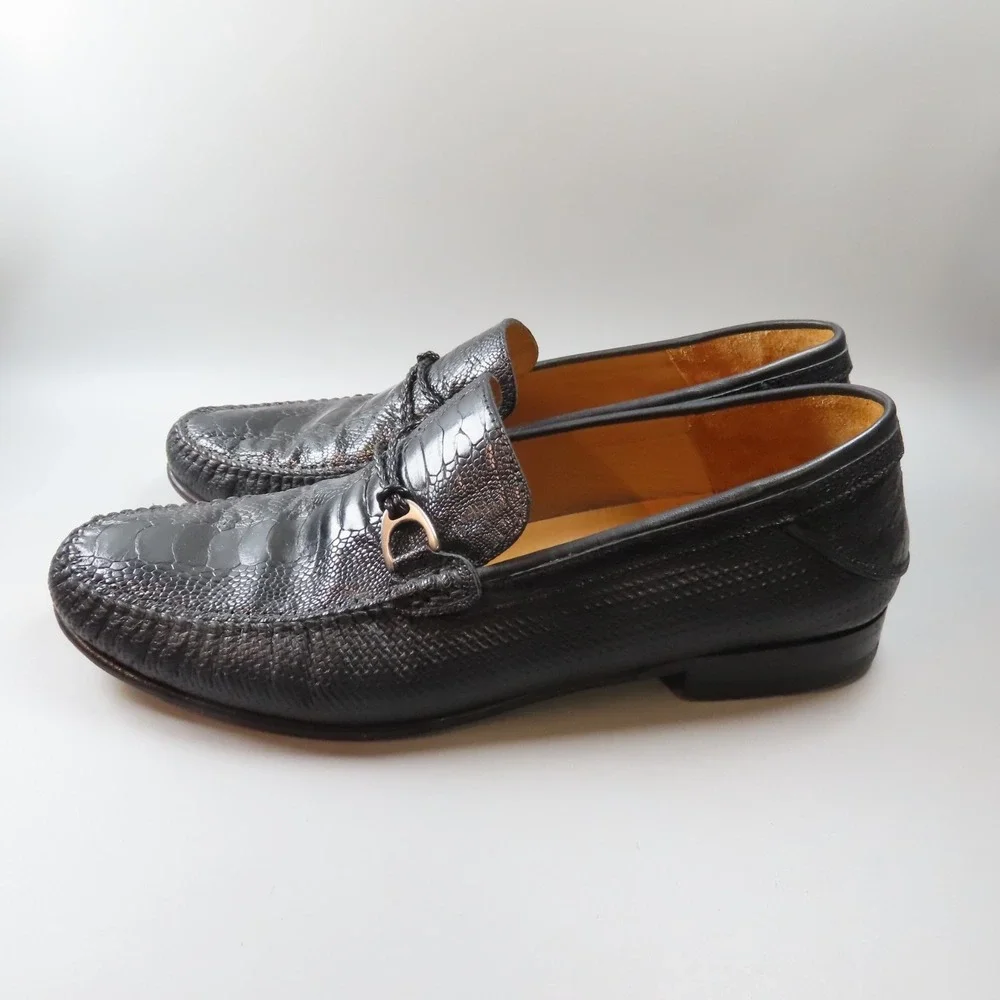 Mezlan Vesta Ostrich Leg and‎ Woven Calfskin Moc Toe Bit Strap Loafers Black 10